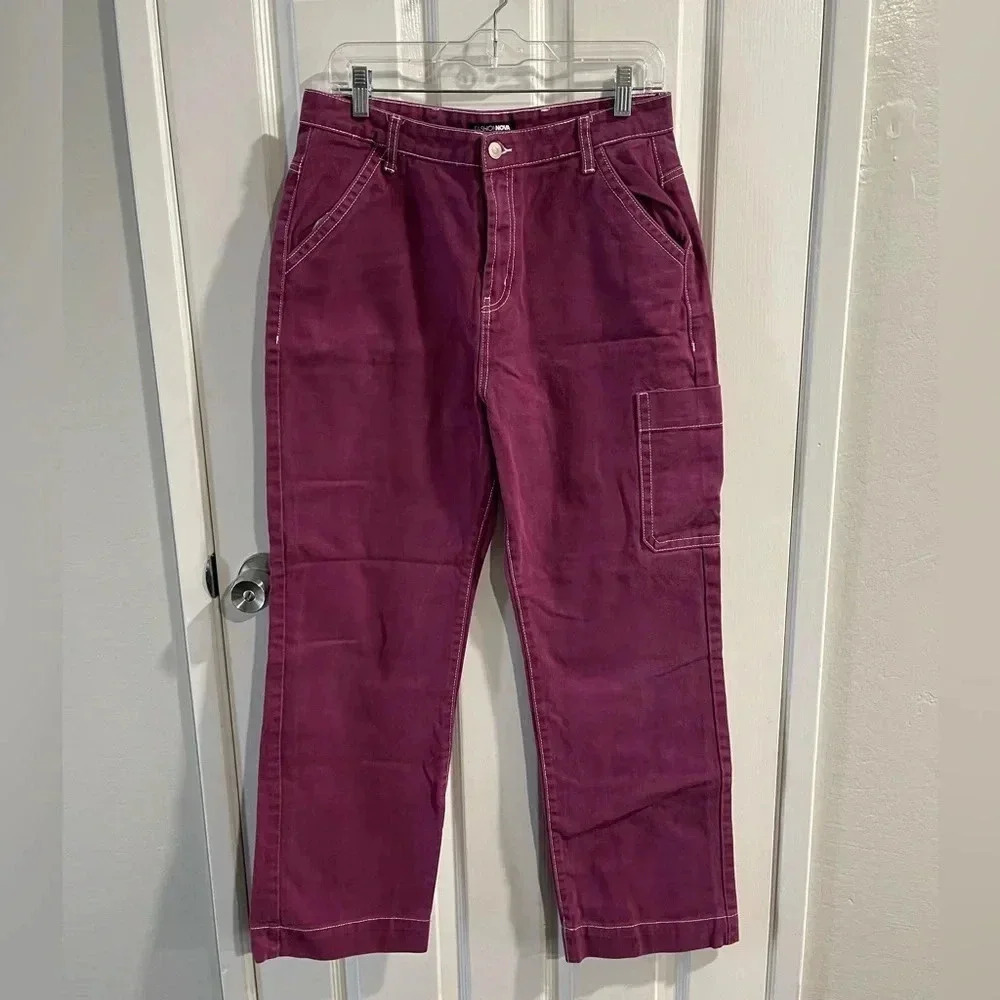 Y2K Fashion Nova 100% Cotton Cargo Pants Burgundy with White Stitching Size 9